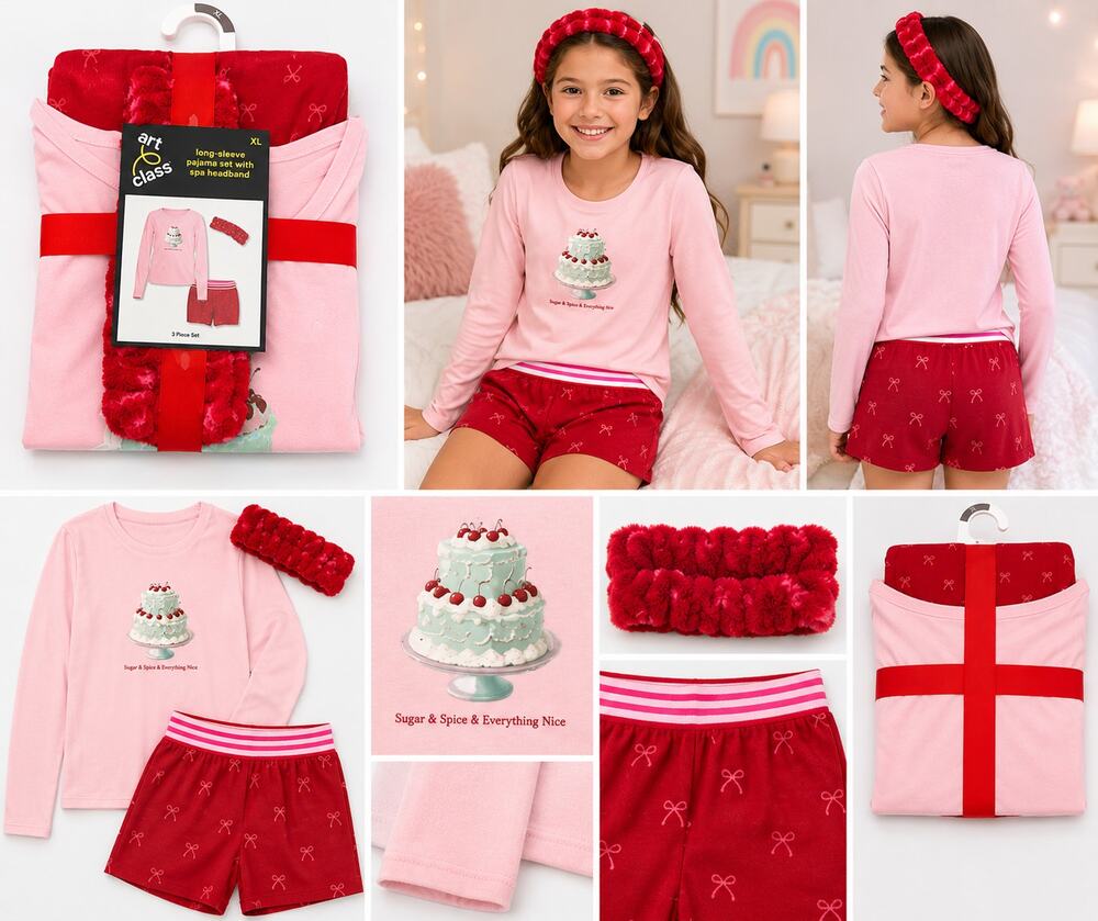 Art Class Girls 3-Piece Pajama Set with Spa Headband – XL – New